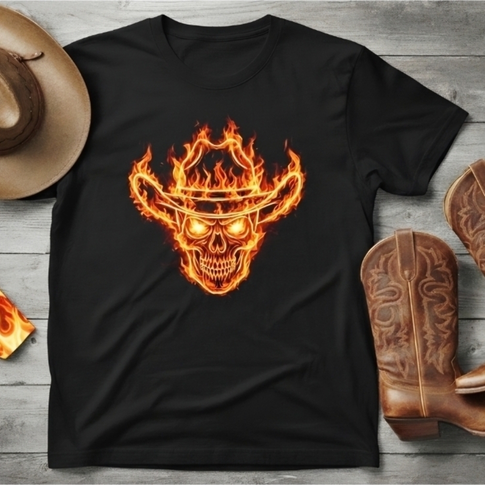 Flaming Cowboy Skull Graphic Tee | Western Biker Shirt | Fire Skull Cowboy Hat